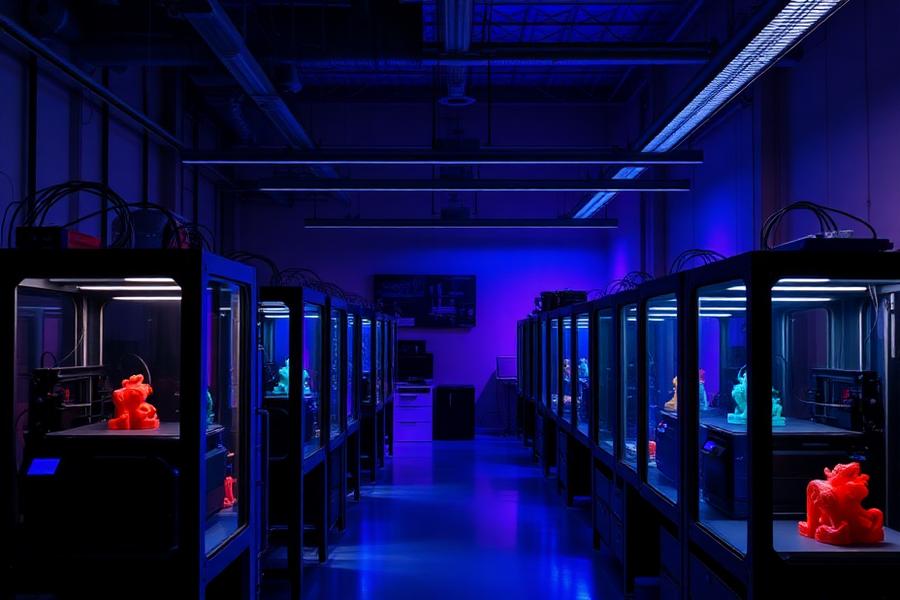 Estúdio com várias impressoras 3D em operação